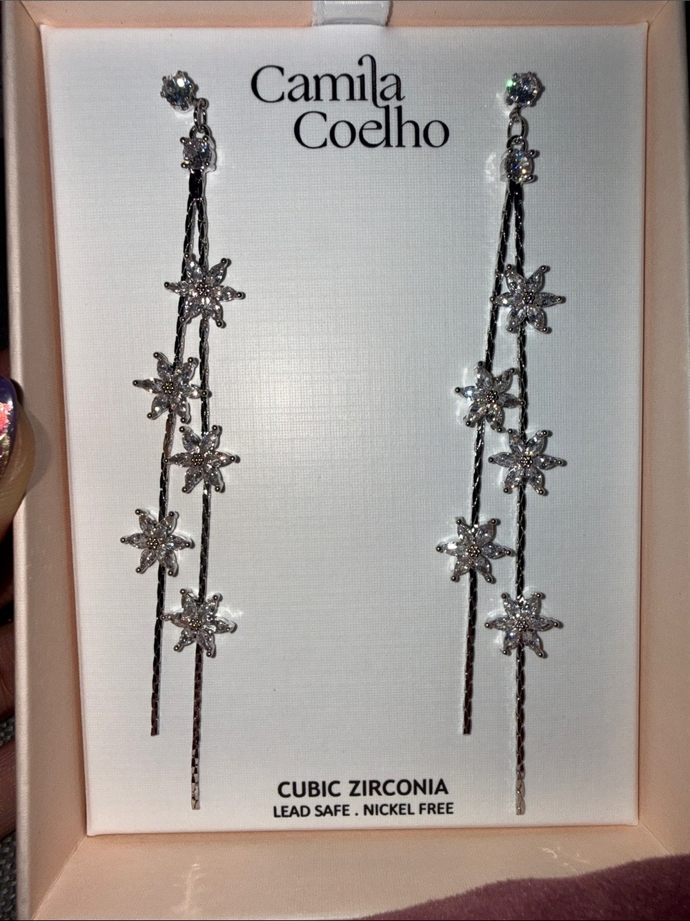 🩶▪️Camila Coelgo ▪️Rhinestone Floral Silver Dangle Long Cub Zirconia Earring